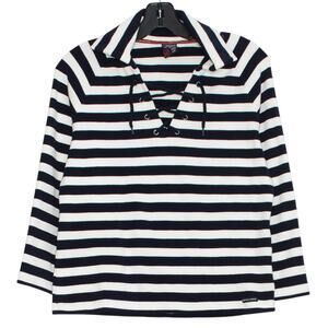 Nautica Top 3/4 Sleeve Lace Up Nautical Preppy Stretch Stripe Black White Large